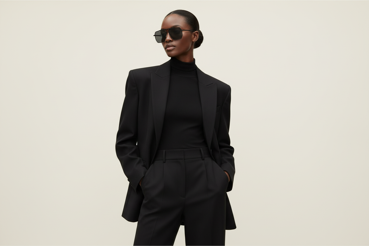 Black female model wearing aviator sunglasses
