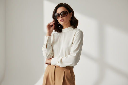 Female model wearing tortoiseshell sunglasses